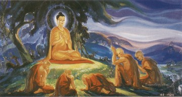 three women at the table by the lamp Painting - buddha preached his first sermon to the five monks at the deer park in varanasi Buddhism